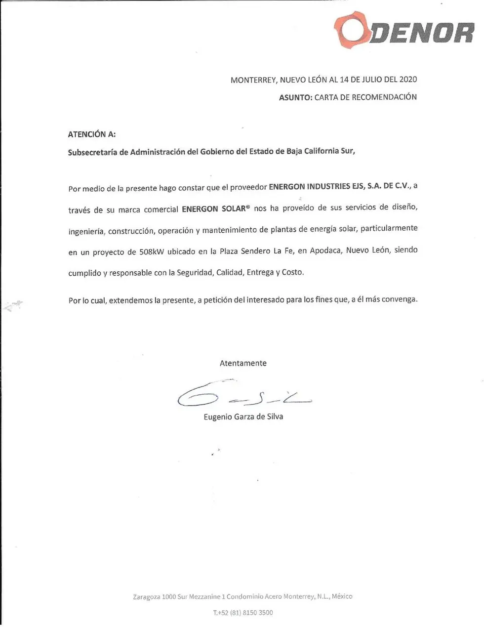 Carta de recomendación de Denor a Energon Solar