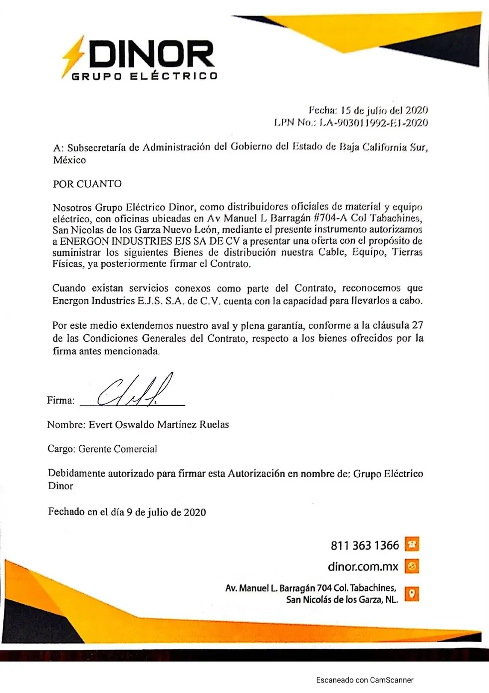 Carta de aval de Dinor Grupo Eléctrico a Energon