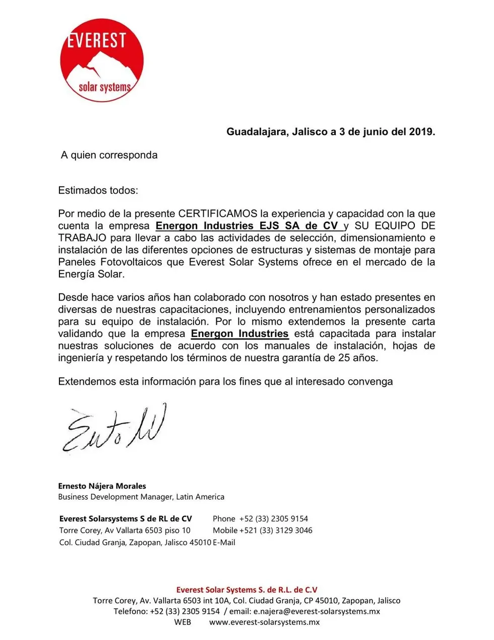 Carta de certificación de Everest Solar Systems a Energon