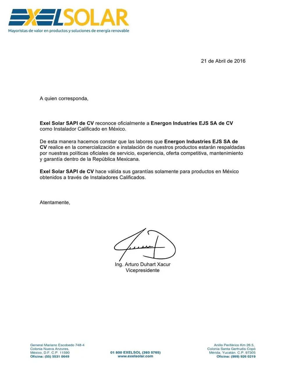 Carta de reconocimiento de Exel Solar a Energon