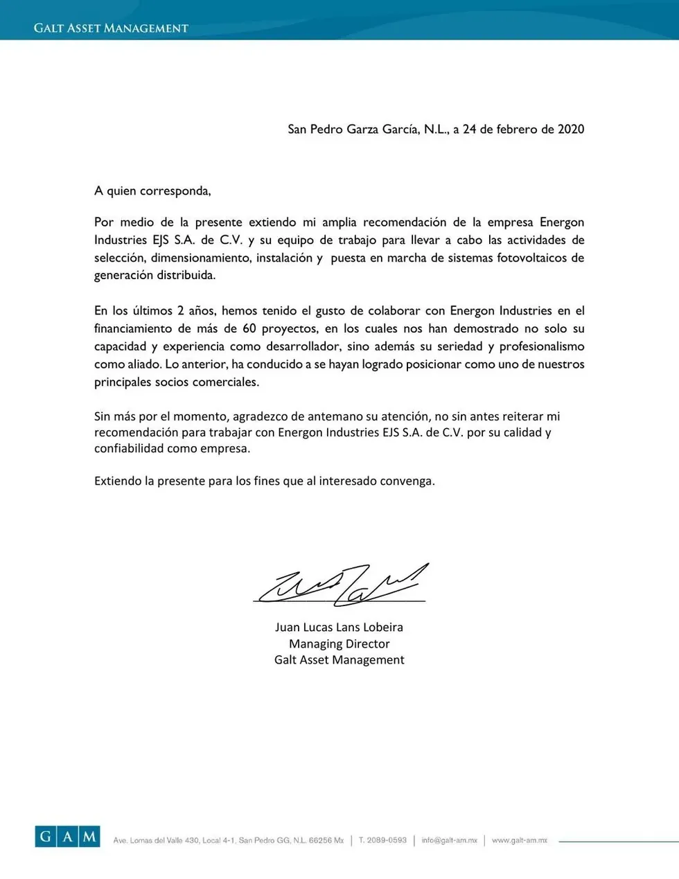 Carta de recomendación de Galt Asset Management a Energon
