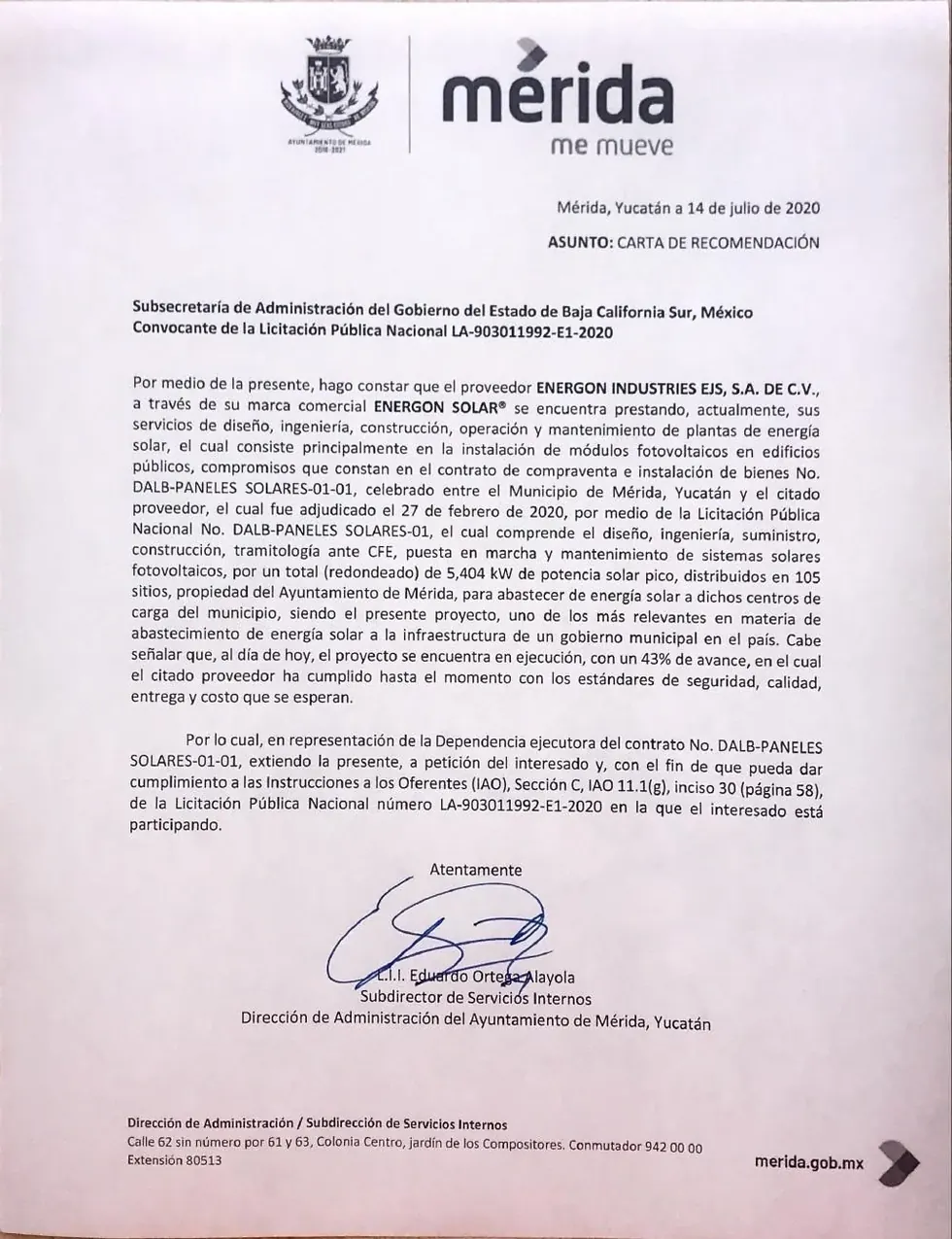 Carta de recomendación del Ayuntamiento de Mérida a Energon Solar