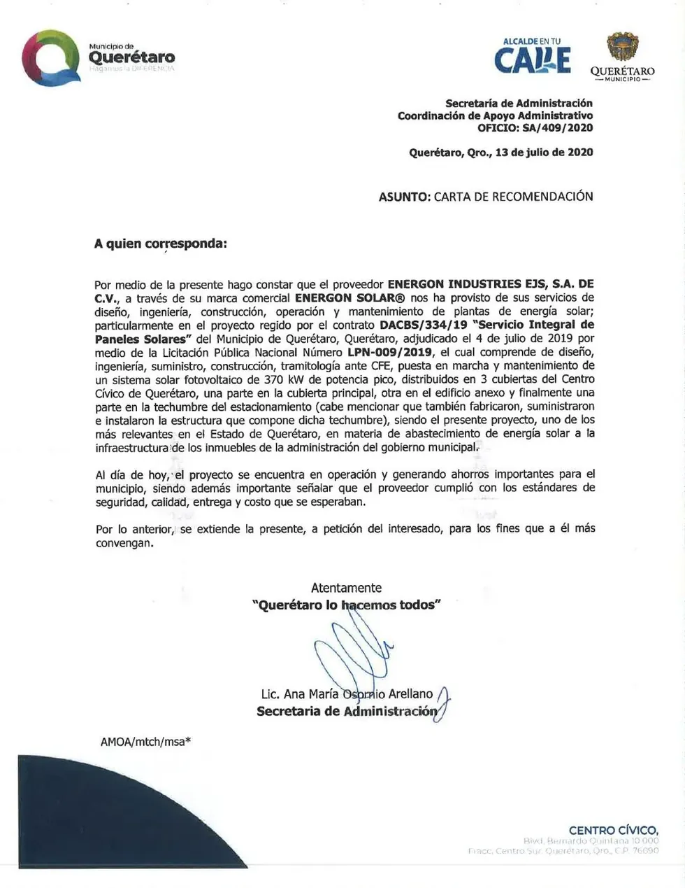 Carta de recomendación del Municipio de Querétaro a Energon Solar