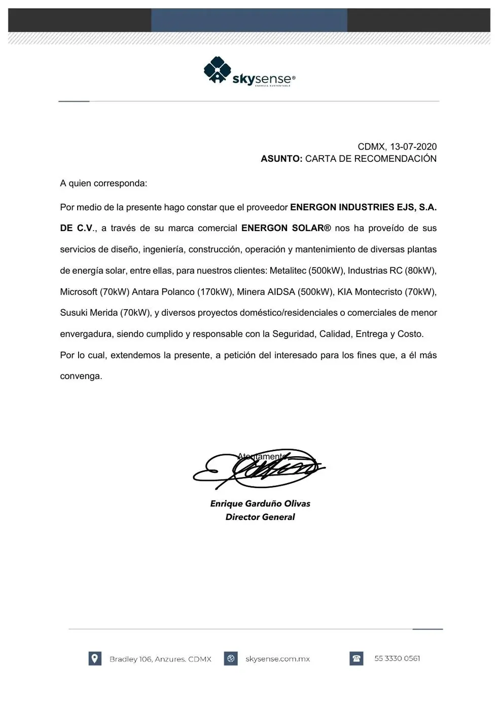 Carta de recomendación de Skysense a Energon