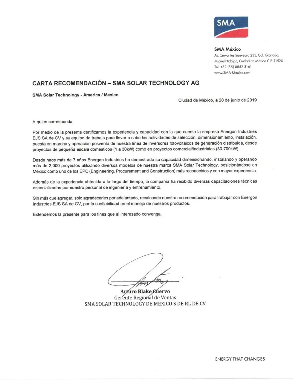 Carta de recomendación de SMA Solar Technology a Energon