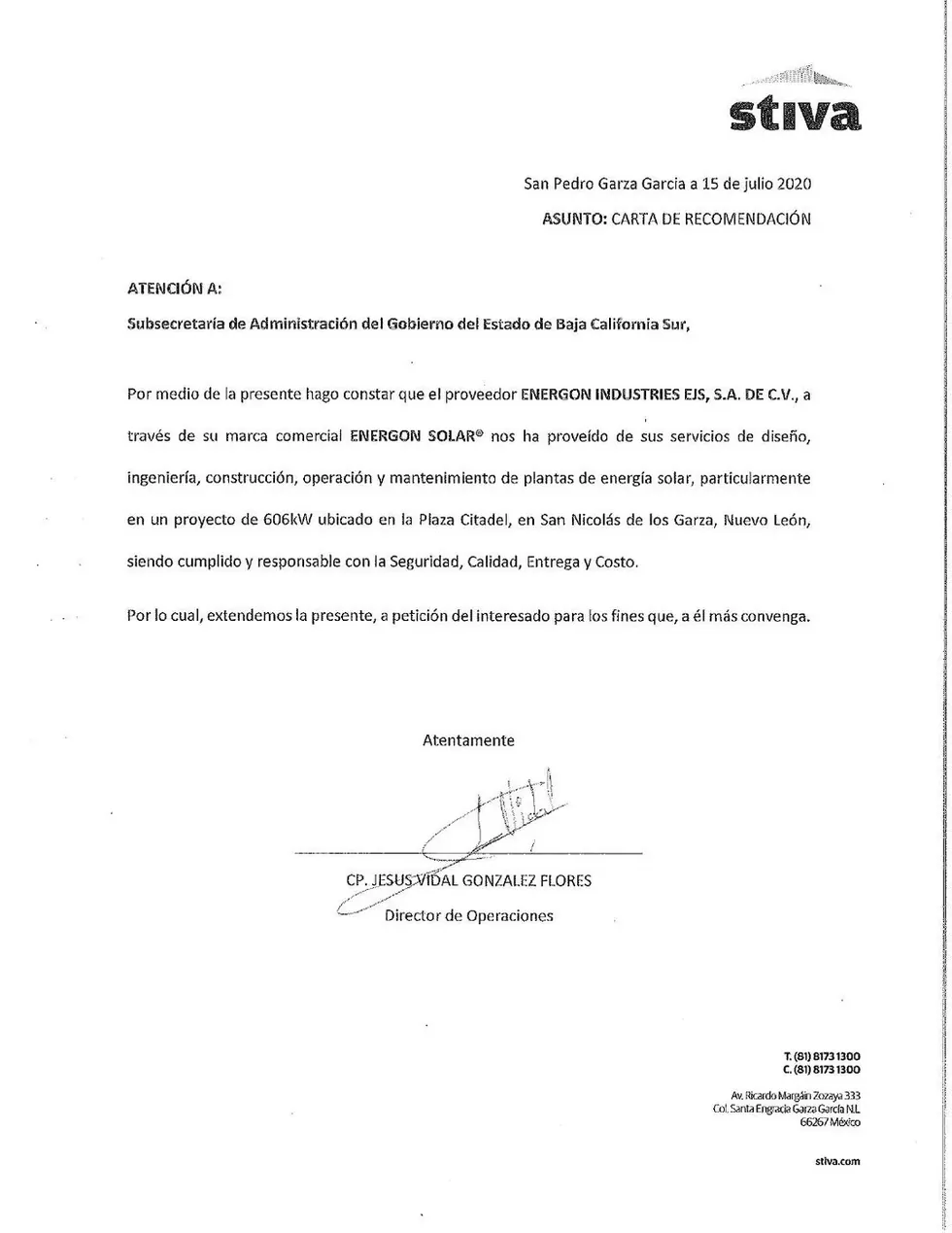 Carta de recomendación de Stiva a Energon Solar
