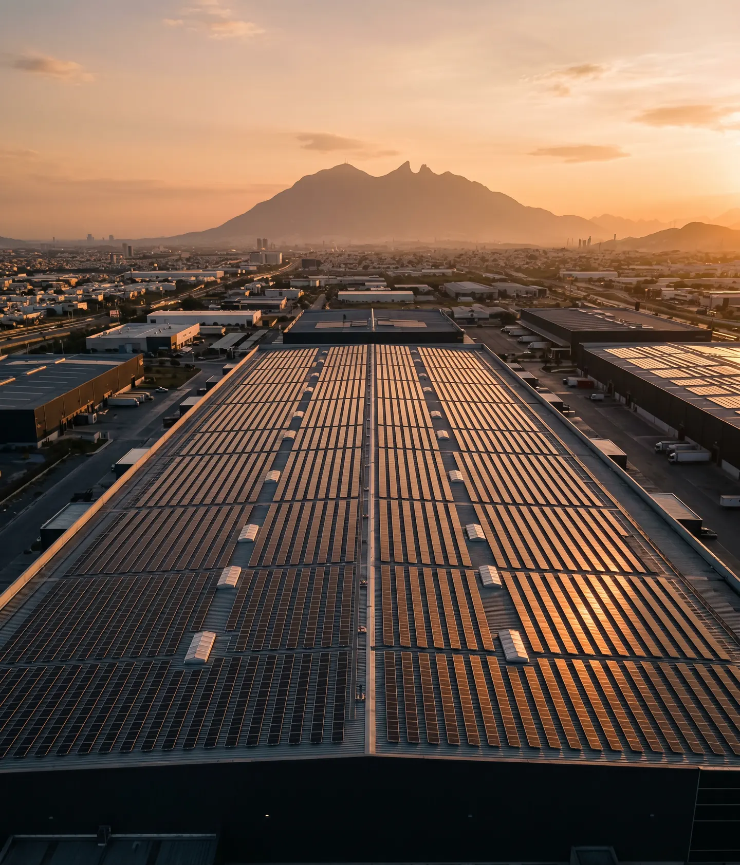 Cubierta industrial con paneles solares Energon al atardecer, con el Cerro de la Silla y Monterrey al fondo