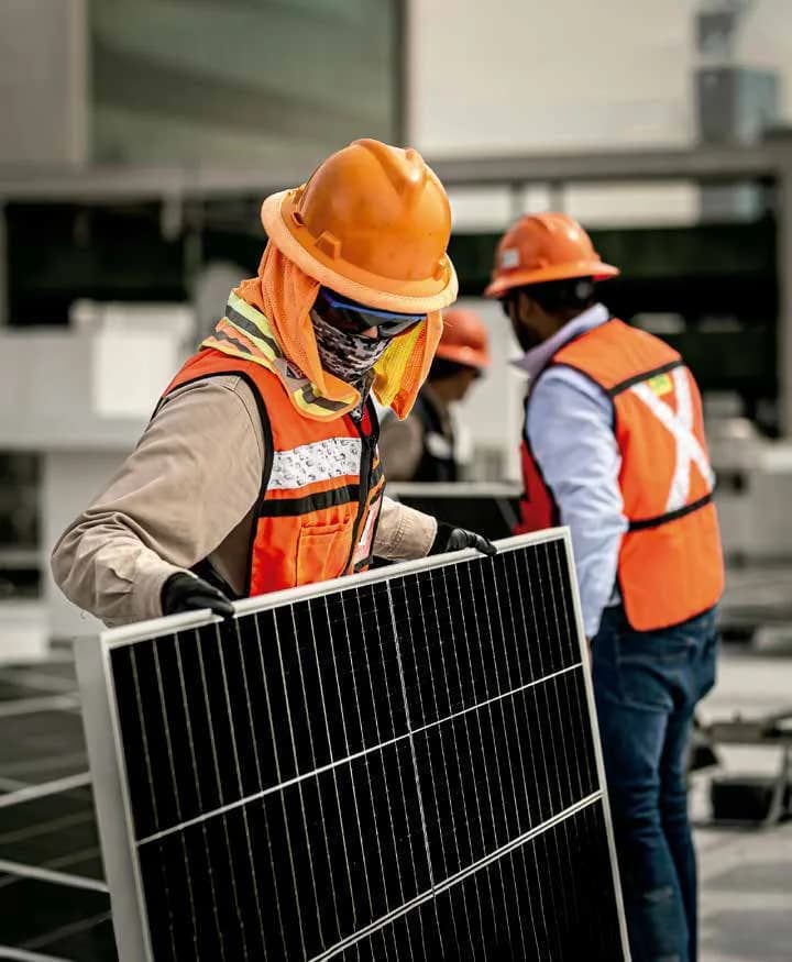 Cuadrilla Energon cargando un módulo solar en obra industrial