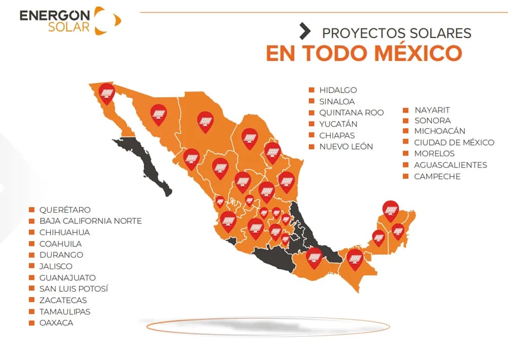 Mapa de México con los 26 estados donde Energon tiene proyectos solares