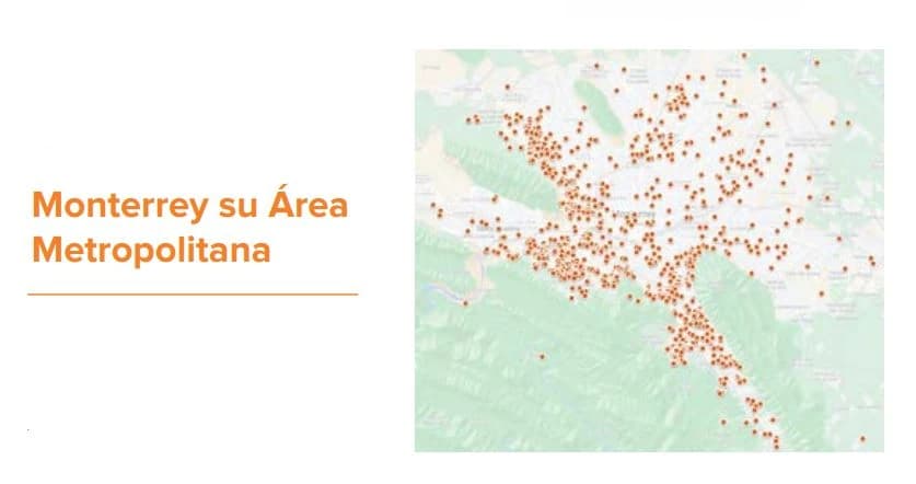 Mapa del área metropolitana de Monterrey con cientos de instalaciones Energon marcadas