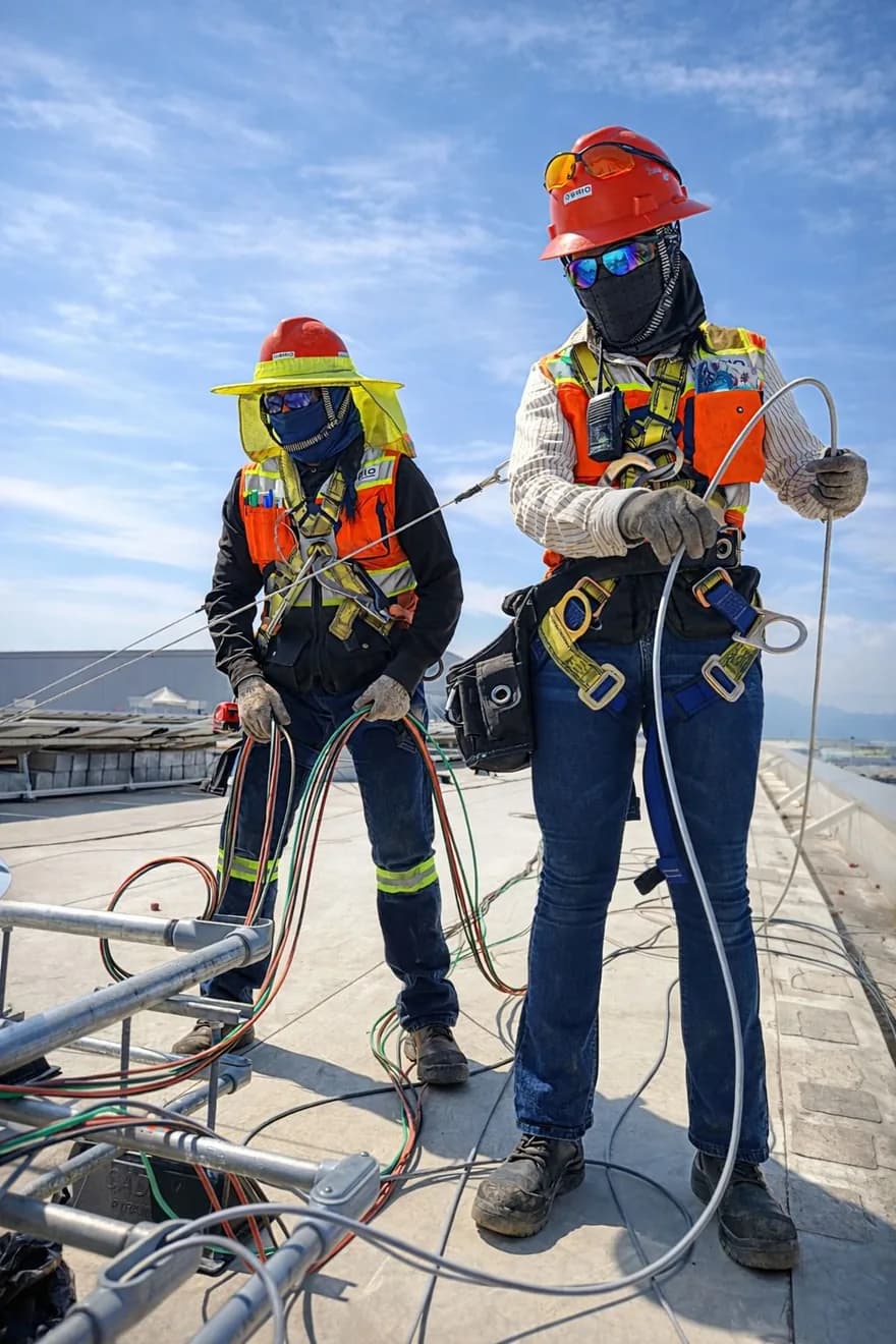 Instaladores Energon con equipo de protección personal completo: casco con barbiquejo, arnés de cuerpo completo y línea de vida